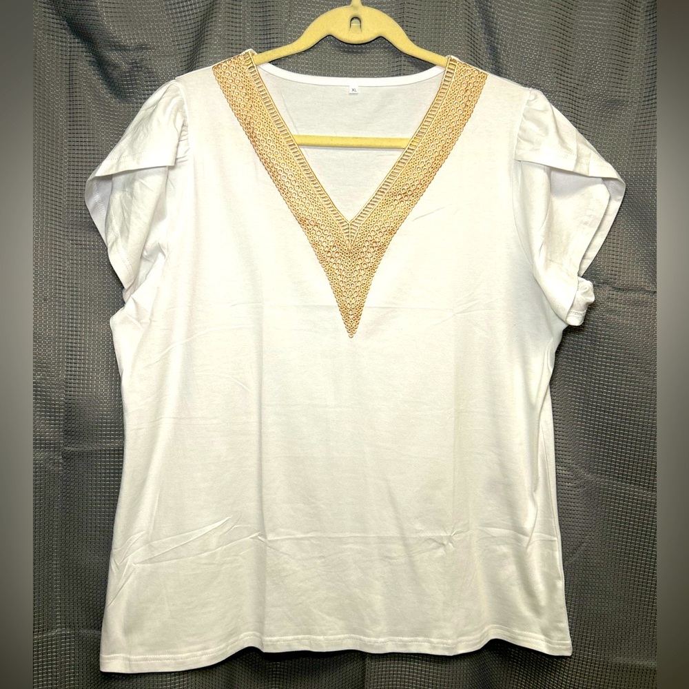 Chic White Blouse with Gold V-Neck Accent